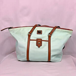 Dooney & Bourke Light Blue Nylon Large Tote Bag Brown Leather Trim Keyring